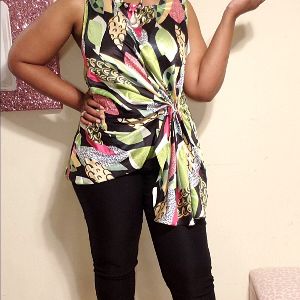 Fashion Side Draped Printed Sleeveless Top Blouse